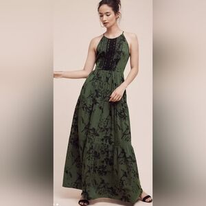 Anthropologie Size 8 olive green full length embroidered dress fits like a small
